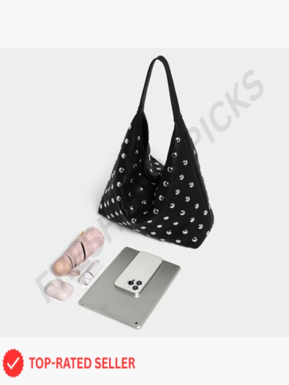 Studded Slouchy Hobo Bag Vegan Leather Shoulder Tote Purse Y2K Punk - Picture 4 of 7